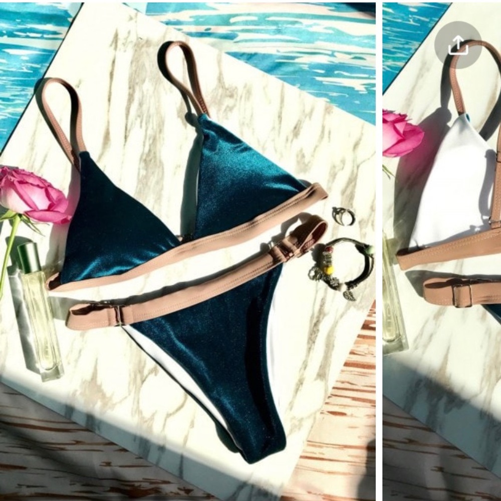 Velvet teal blue and muted pink buckle bikini
